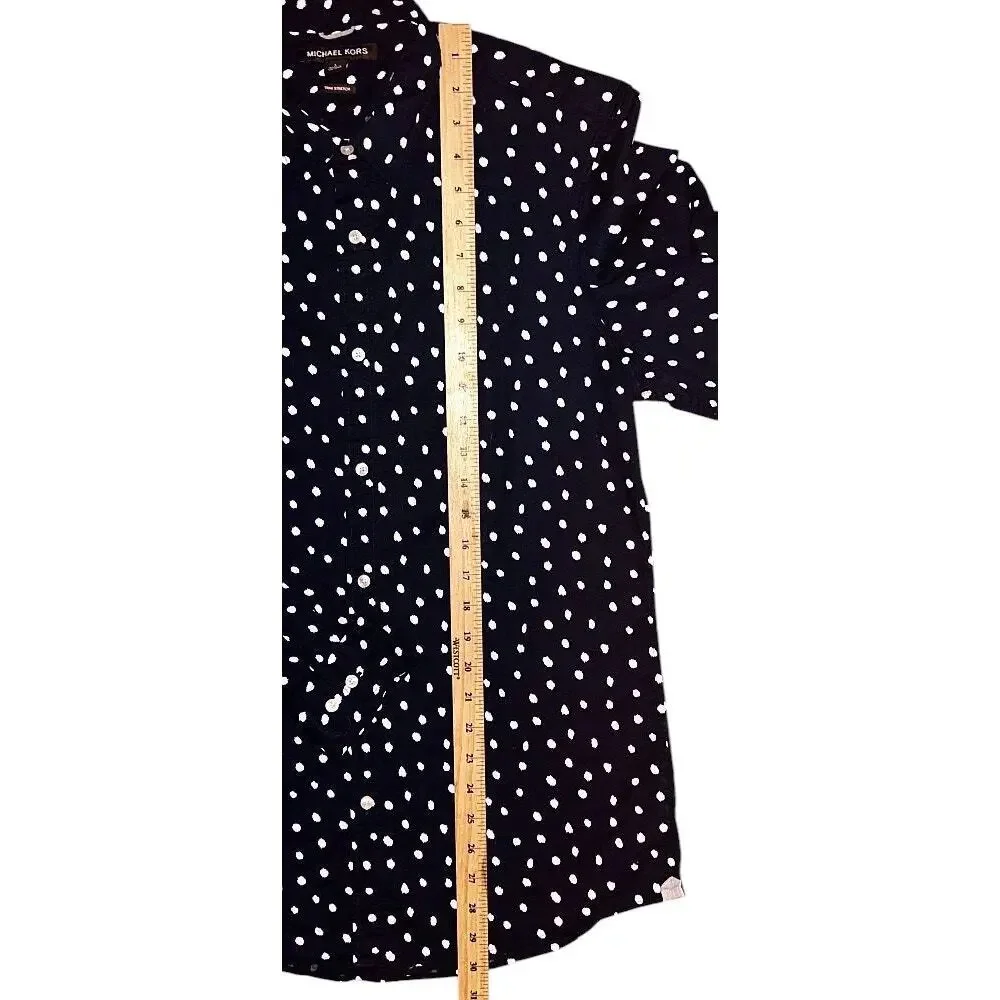 Michael Kors Trim Stretch Navy Blue & White Polka Dot Button Down Shirt Large
